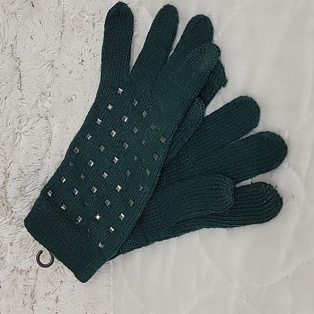 Studded dark green acrylic and wool knitted gloves.